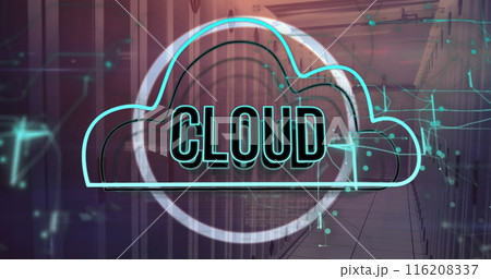 Image of cloud text in cloud, circles and navigation pattern over server room Image of cloud text in cloud, circles and navigation pattern over server room 116208337