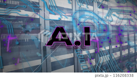 Image of ai text with circuit board pattern over moving bars on data server racks Image of ai text with circuit board pattern over moving bars on data server racks 116208338