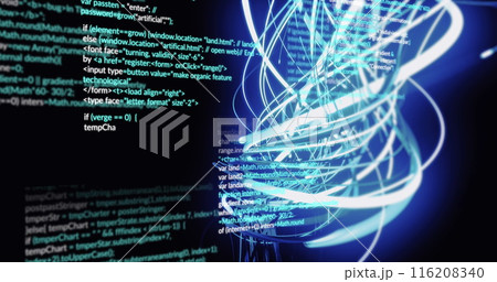Image of spiral pattern and multicolored computer language over black background 116208340
