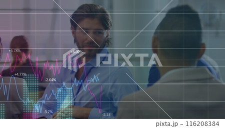 Image of multiple graphs and changing numbers, diverse coworkers discussing in office Image of multiple graphs and changing numbers, diverse coworkers discussing in office 116208384