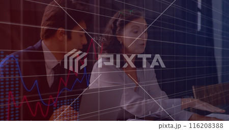 Image of graphs, changing numbers, caucasian female architect explaining blueprint to coworker 116208388