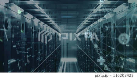 Image of spinning globe of medical icons, data processing and mosaic squares against server room Image of spinning globe of medical icons, data processing and mosaic squares against server room 116208428