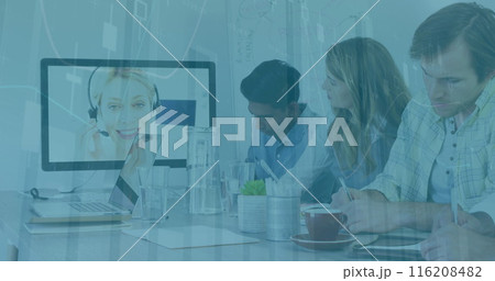Image of data processing over diverse colleagues having a image conference in meeting room 116208482