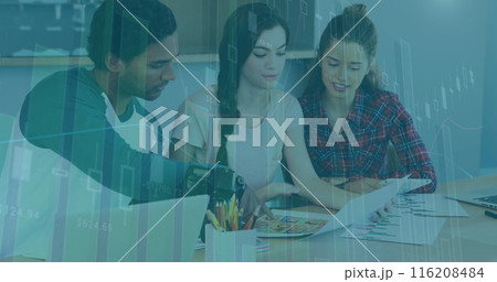 Image of statistical data processing over diverse colleagues discussing over a plan at office 116208484