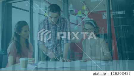 Image of statistical data processing over diverse colleagues discussing over a plan at office 116208485