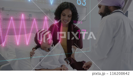 Image of heart rate monitor against indian male doctor helping a girl with an asthma inhaler 116208642