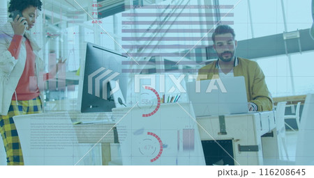 Image of statistical data processing against biracial man using laptop at office 116208645