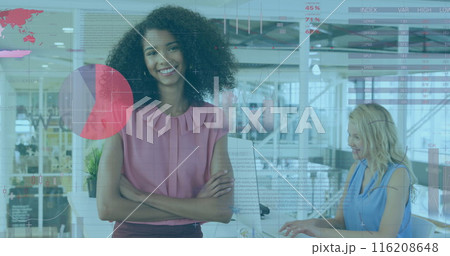 Image of statistical data processing against portrait of caucasian woman smiling at office 116208648