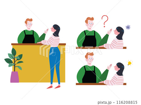 留学先で外国人の男性店員と英語で会話するのに苦戦する日本人女性のイラストセット 116208815