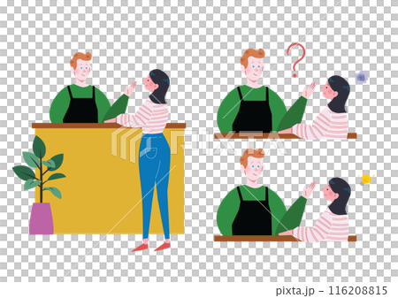 留学先で外国人の男性店員と英語で会話するのに苦戦する日本人女性のイラストセット 116208815