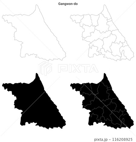 set of 4 political maps of gangwon province, South Korea with regions isolated on white background. gangwon-do map with counties and cities set of 4 political maps of gangwon province, South Korea with regions isolated on white background. gangwon-do map with counties and cities 116208925