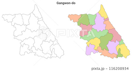 set of 2 political maps of gangwon province,  South Korea with regions isolated on white background. gangwon-do map with counties and cities 116208934