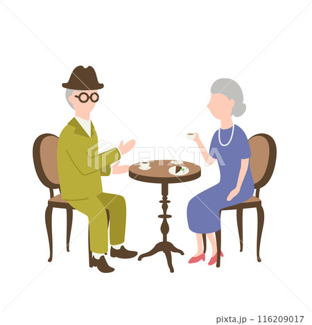 初老の夫婦がカフェで仲良くコーヒーとケーキを楽しんでいるイラスト 116209017