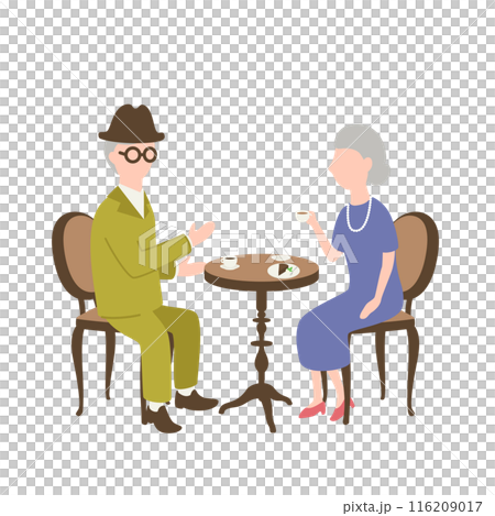初老の夫婦がカフェで仲良くコーヒーとケーキを楽しんでいるイラスト 116209017