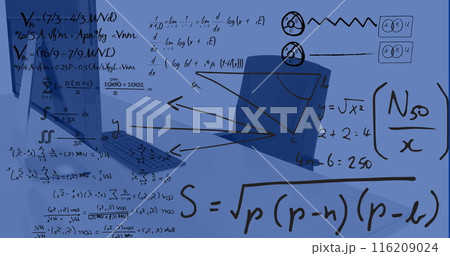 Image of financial data processing over desk with computer in office 116209024