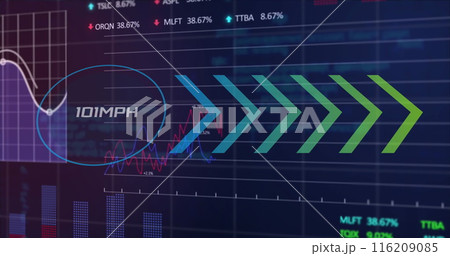 Image of changing numbers, mph text, arrows, graphs and trading board over black background 116209085