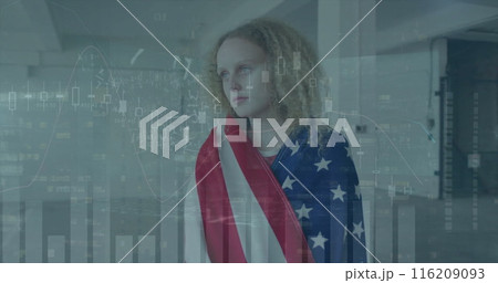 Image of multiple graphs over caucasian woman wrapping national flag of america on body 116209093