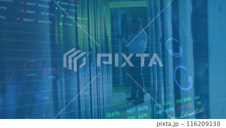 Image of infographic interface over african american male engineer examining data servers Image of infographic interface over african american male engineer examining data servers 116209138