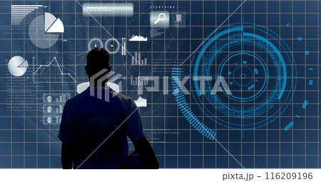 Image of rear view of male athlete with rugby ball looking at reports on big screen Image of rear view of male athlete with rugby ball looking at reports on big screen 116209196