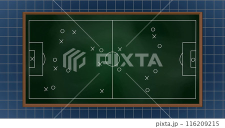 Image of arrow on soccer court with grid pattern on blue background 116209215