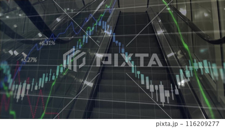 Image of financial data processing over escalator Image of financial data processing over escalator 116209277