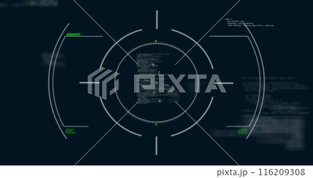Image of scope scanning over diagrams and data processing on black background Image of scope scanning over diagrams and data processing on black background 116209308