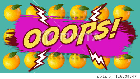 Image of oops text on purple paint with white lightning bolts over oranges on blue background Image of oops text on purple paint with white lightning bolts over oranges on blue background 116209347