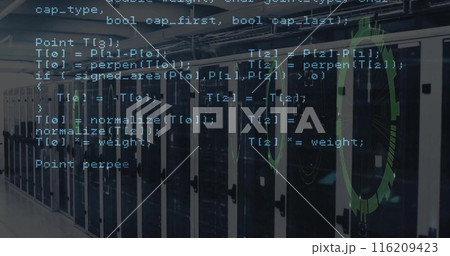 Image of data coding and circular scanner over server room Image of data coding and circular scanner over server room 116209423