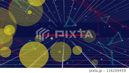Image of orange spots of light over network of connections and grid Image of orange spots of light over network of connections and grid 116209459