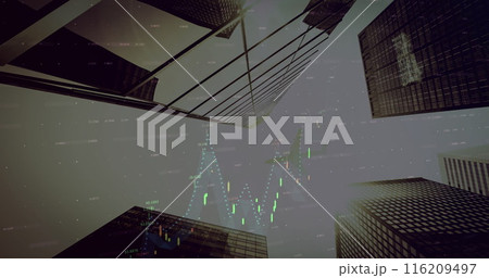 Image of statistics and financial data processing over cityscape 116209497