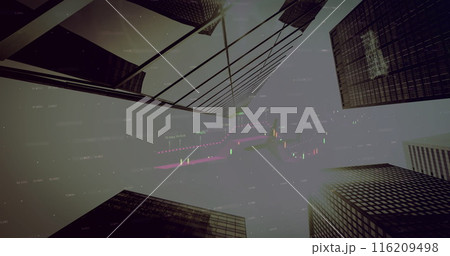 Image of statistics and financial data processing over cityscape 116209498