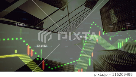 Image of statistics and financial data processing over cityscape 116209499