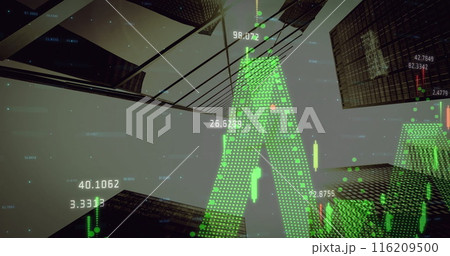 Image of statistics and financial data processing over cityscape 116209500