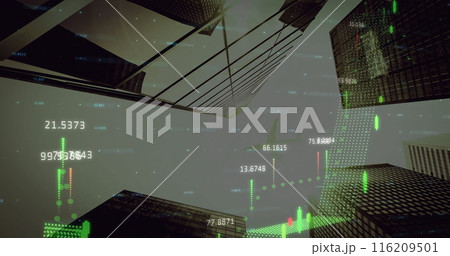 Image of statistics and financial data processing over cityscape 116209501