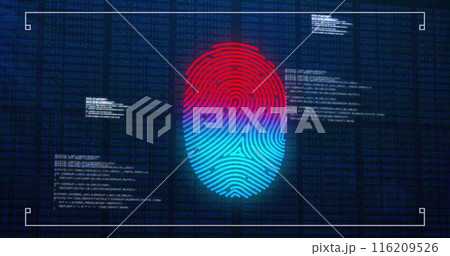 Image of data processing over biometric fingerprint on dark background Image of data processing over biometric fingerprint on dark background 116209526