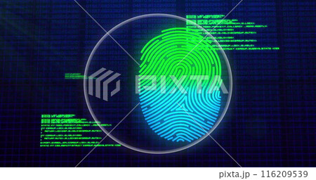 Image of data processing over biometric fingerprint on dark background Image of data processing over biometric fingerprint on dark background 116209539
