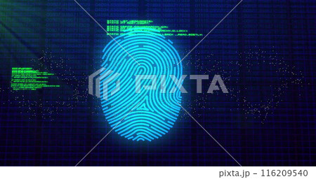 Image of data processing over biometric fingerprint on dark background 116209540