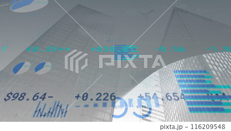 Image of financial data processing over cityscape 116209548