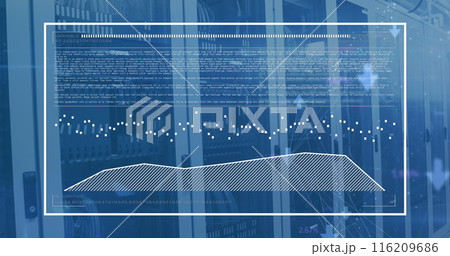 Image of computer language and graph over data server racks 116209686
