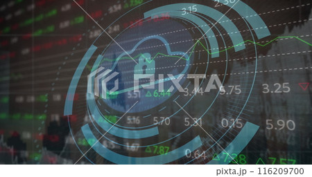 Image of padlock in cloud and circles over graphs and trading board against buildings Image of padlock in cloud and circles over graphs and trading board against buildings 116209700
