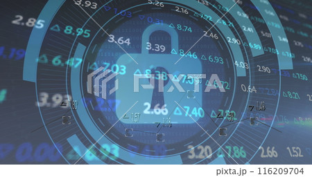 Image of padlock in loading circles, changing numbers, trading board over abstract background Image of padlock in loading circles, changing numbers, trading board over abstract background 116209704