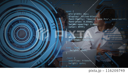 Image of loading circles and computer language, diverse coworkers discussing reports 116209749