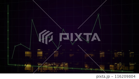 Image of graphs and grid pattern over illuminated modern building in background 116209804