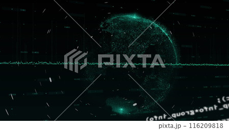 Image of spinning light trails and data processing over globe against black background 116209818