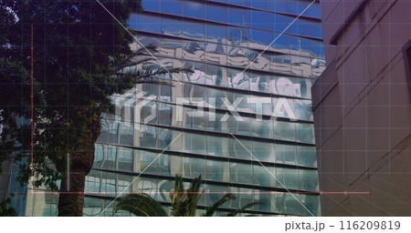 Image of graphs and computer language over modern buildings against sky Image of graphs and computer language over modern buildings against sky 116209819