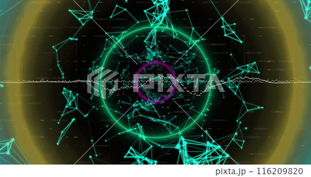 Image of circular neon shapes in seamless pattern against network of connections 116209820