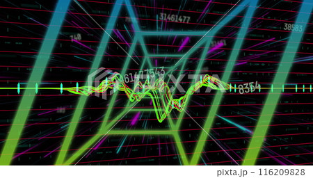 Image of neon tunnel in seamless pattern against changing numbers and data processing Image of neon tunnel in seamless pattern against changing numbers and data processing 116209828