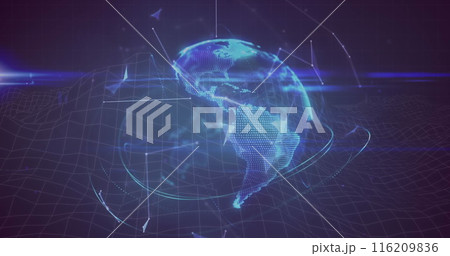 Image of plexus network forming a globe and light trails against blue background 116209836