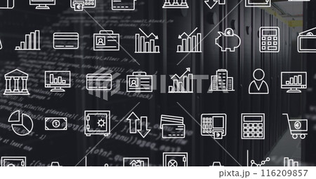Image of interface with digital icons and data processing against computer server room 116209857