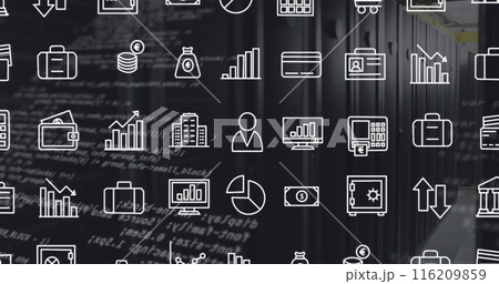 Image of interface with digital icons and data processing against computer server room 116209859